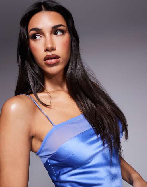 ASOS DESIGN square neck satin midaxi with mesh panel in blue