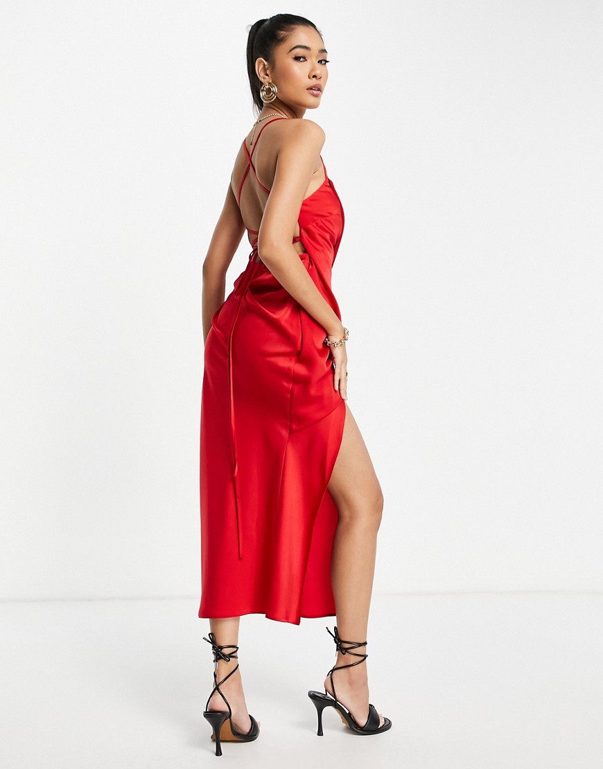 ASOS DESIGN square neck satin midi dress with drape detail and lace up back in red