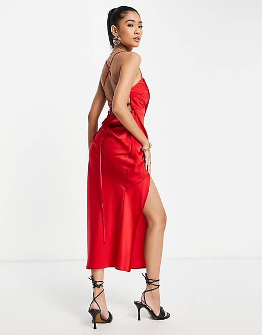  square neck satin midi dress with drape detail and lace up back in red 