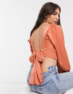 Asos Design Square Neck Satin Top With Tie Back In Tan-no Color