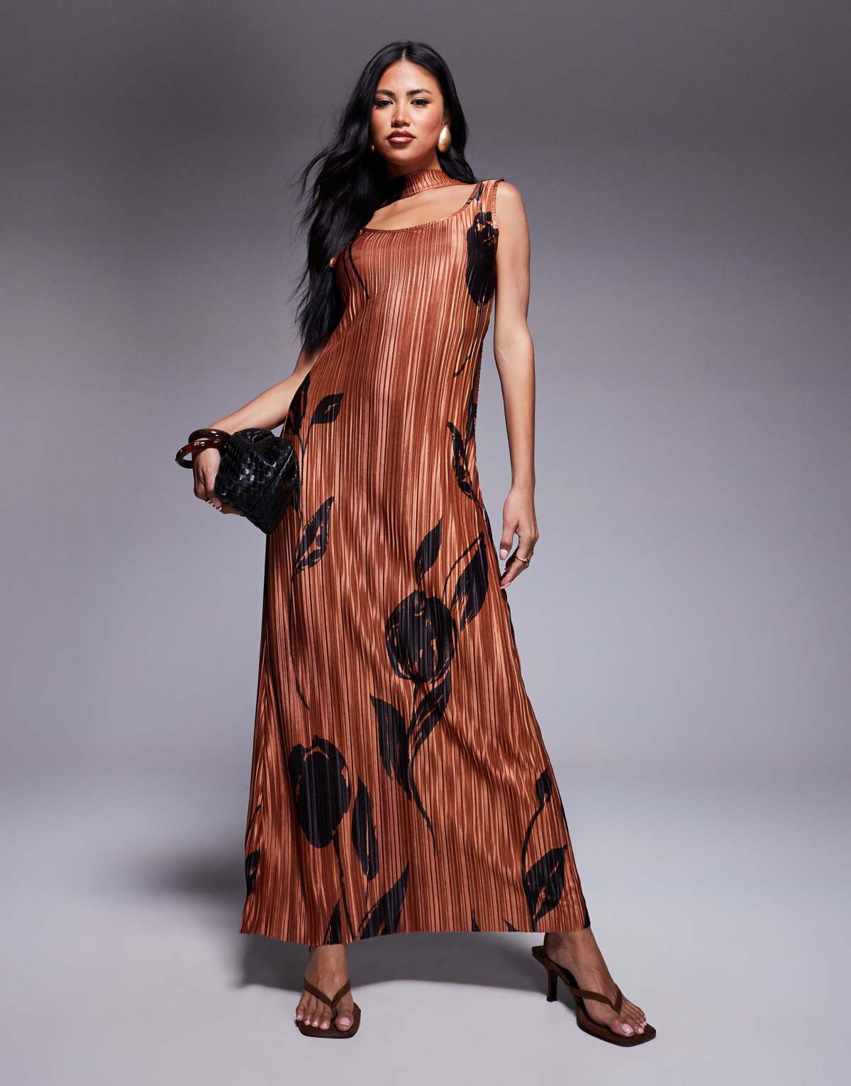 ASOS DESIGN square neck scarf maxi dress in brown rose print