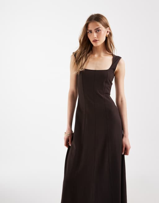 ASOS DESIGN square neck seam detail midaxi dress in chocolate, 2 of 4