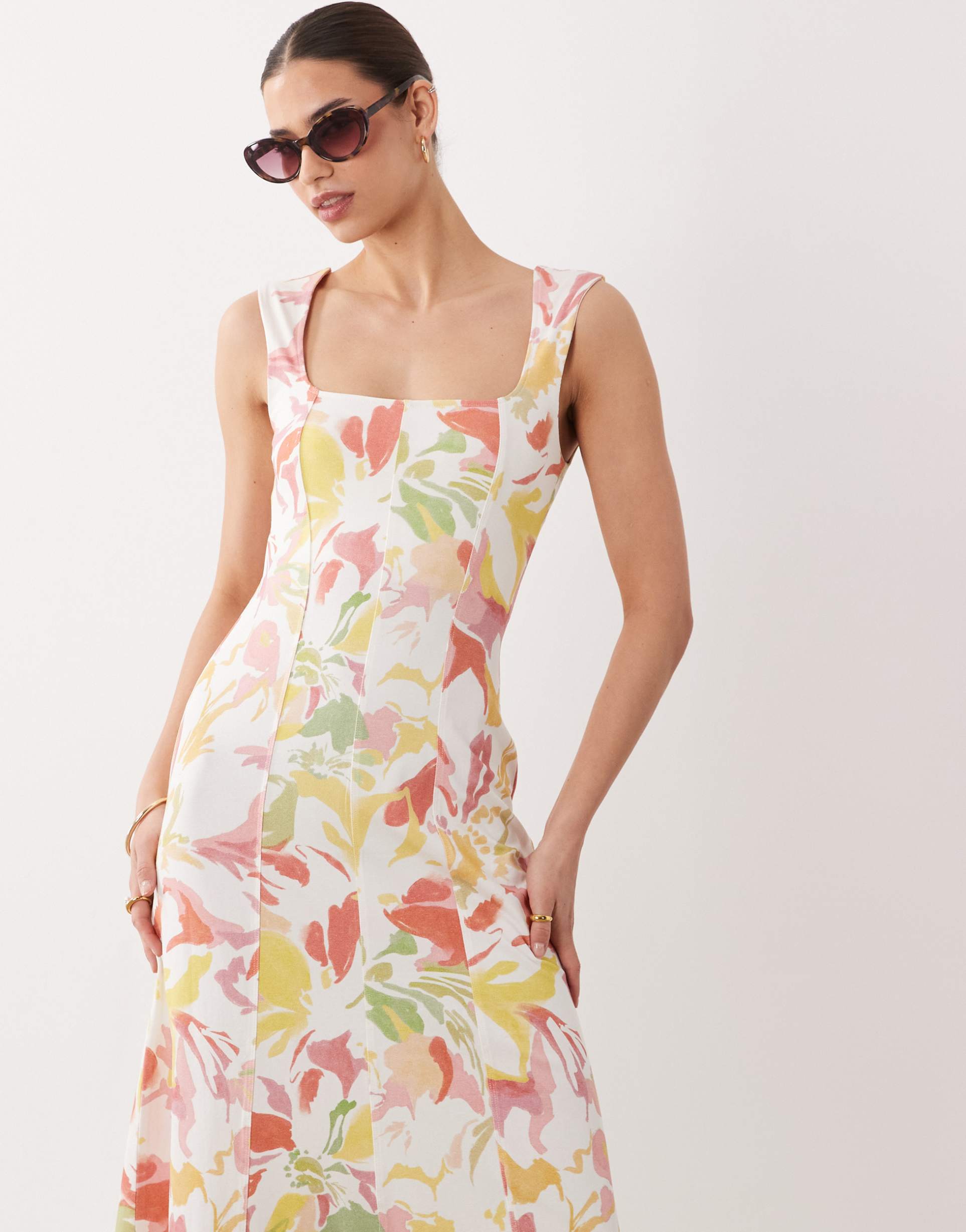 asos design square neck seam detail midi dress in abstract floral print