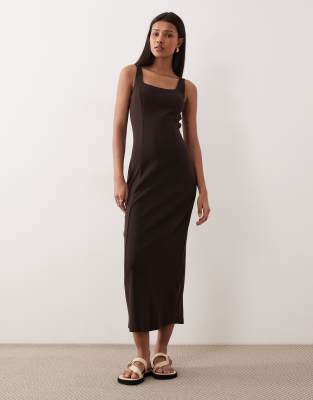 Asos Design Square Neck Seam Detail Midi Dress In Brown
