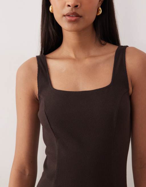 ASOS DESIGN square neck seam detail midi dress in chesnut, 4 of 4