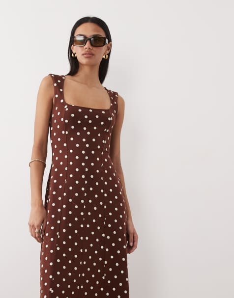 ASOS DESIGN square neck seam detail midi dress in chocolate polka dot - view 1