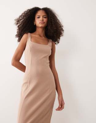 Asos Design Square Neck Seam Detailing Midaxi Dress In Neutral