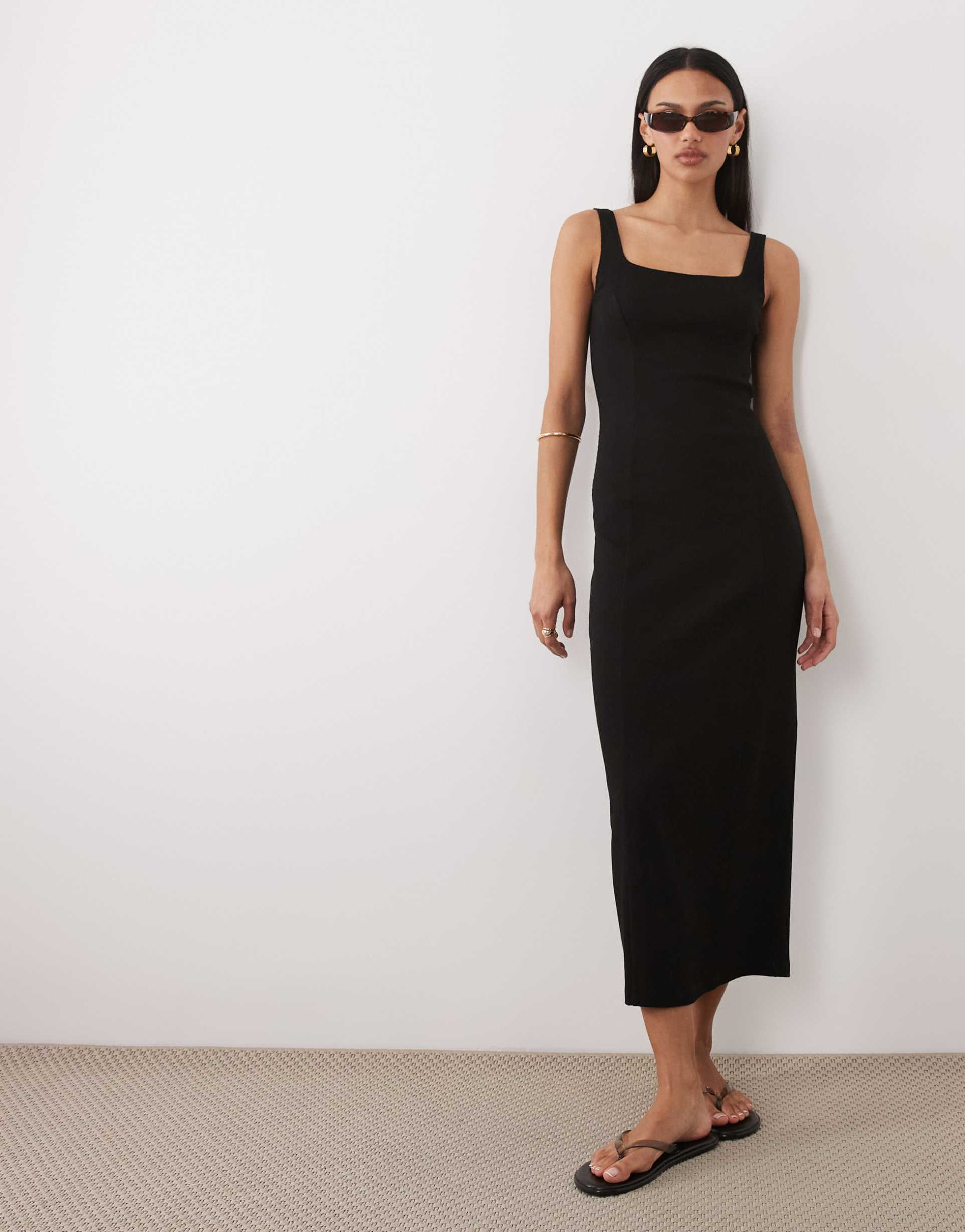 asos design square neck seam detailing midi dress in black
