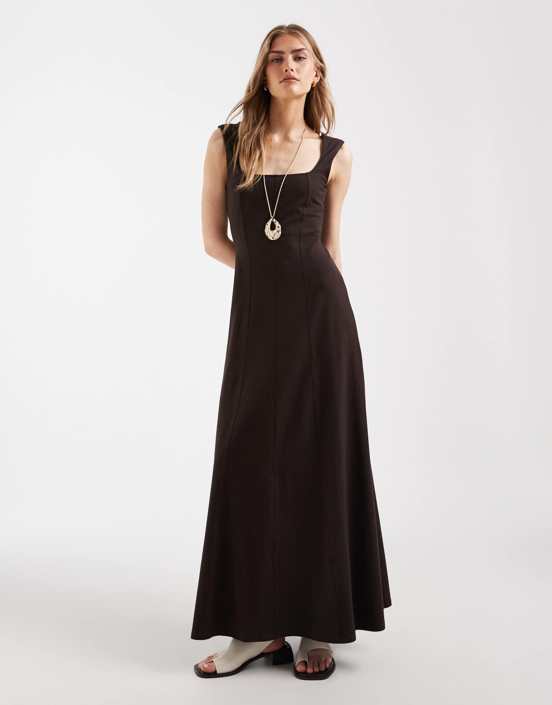 asos design square neck seam detailing midi dress in chocolate