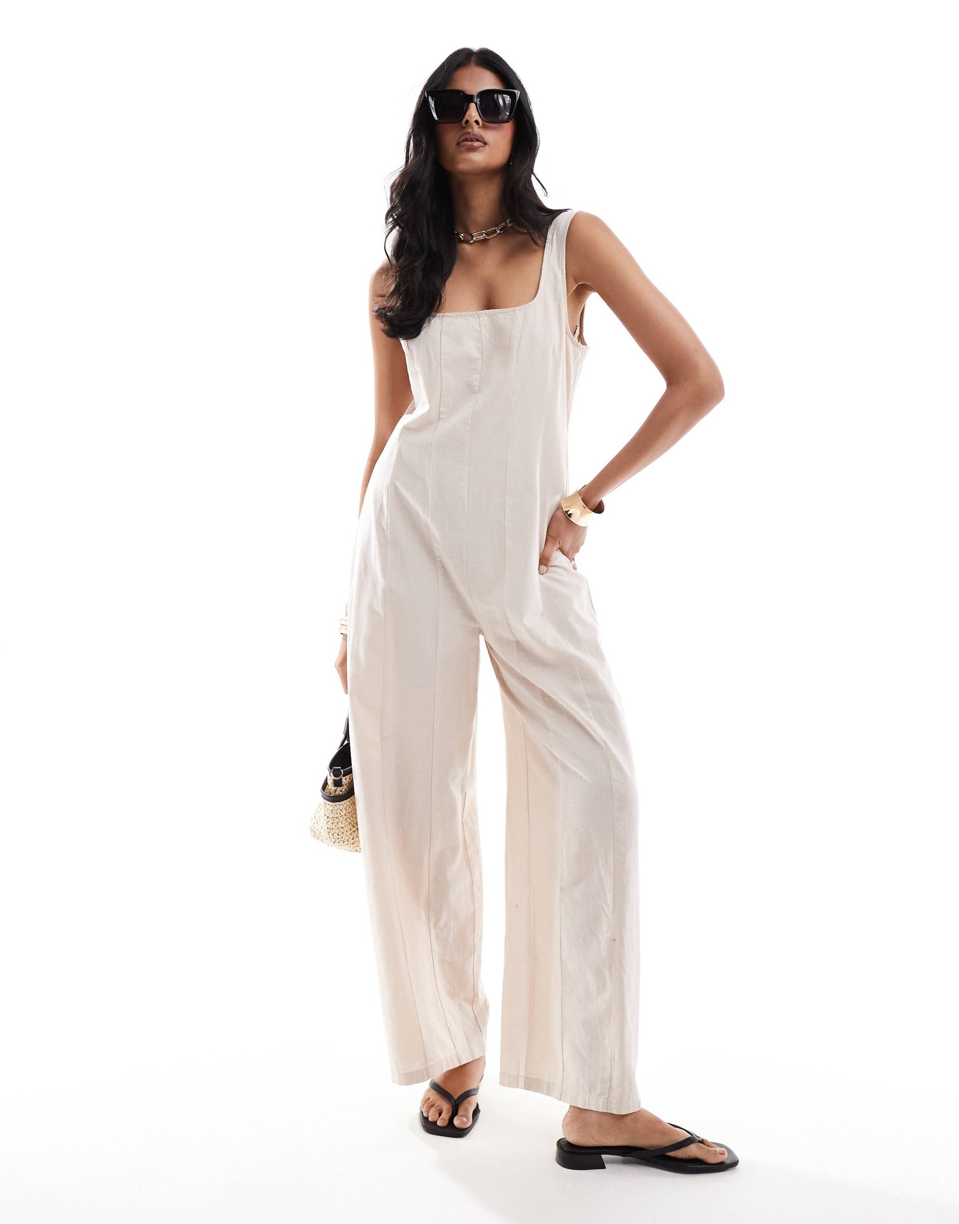 asos design square neck seamed tennis jumpsuit in oatmeal