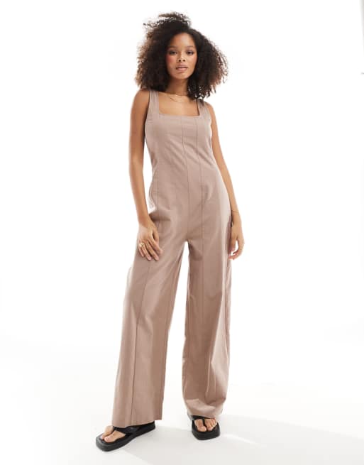 Asos Design Square Neck Seamed Tennis Jumpsuit In Taupe Asos