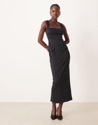 Asos Design Square Neck Seamed Workwear Midi Dress In Black