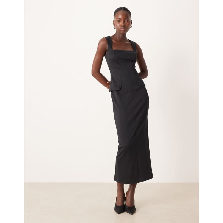 asos design dress midi ASOS Design Square Neck seamed workwear Midi Dress in Black
