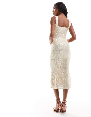 ASOS DESIGN square neck sequin midi dress in gold | ASOS