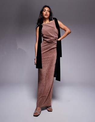 square neck shimmer maxi dress with oversized velvet ties in bronze-Neutral