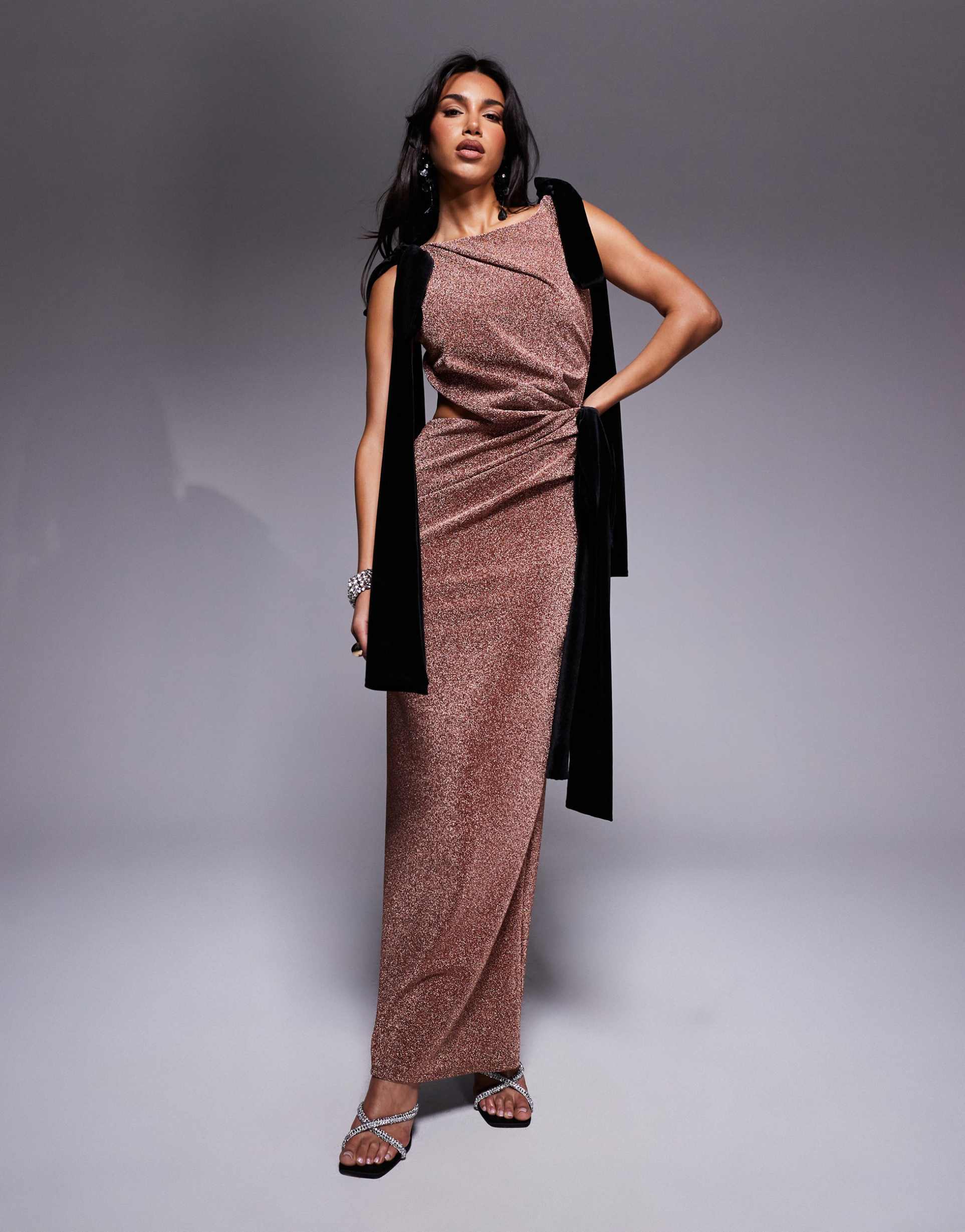 asos design square neck shimmer maxi dress with oversized velvet ties in bronze