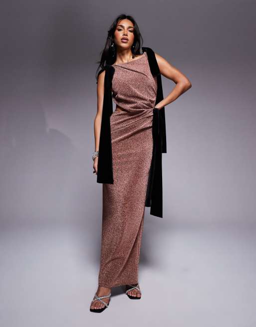 ASOS DESIGN square neck shimmer maxi dress with oversized velvet ties in bronze
