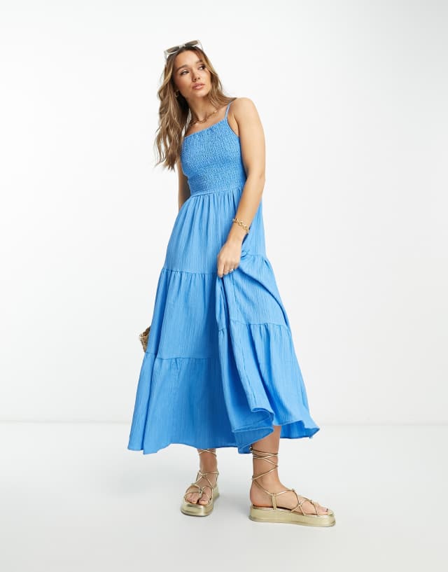 ASOS DESIGN square neck shirred maxi sundress in bright blue