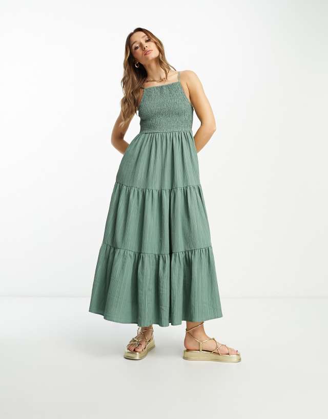 ASOS DESIGN square neck shirred maxi sundress in khaki