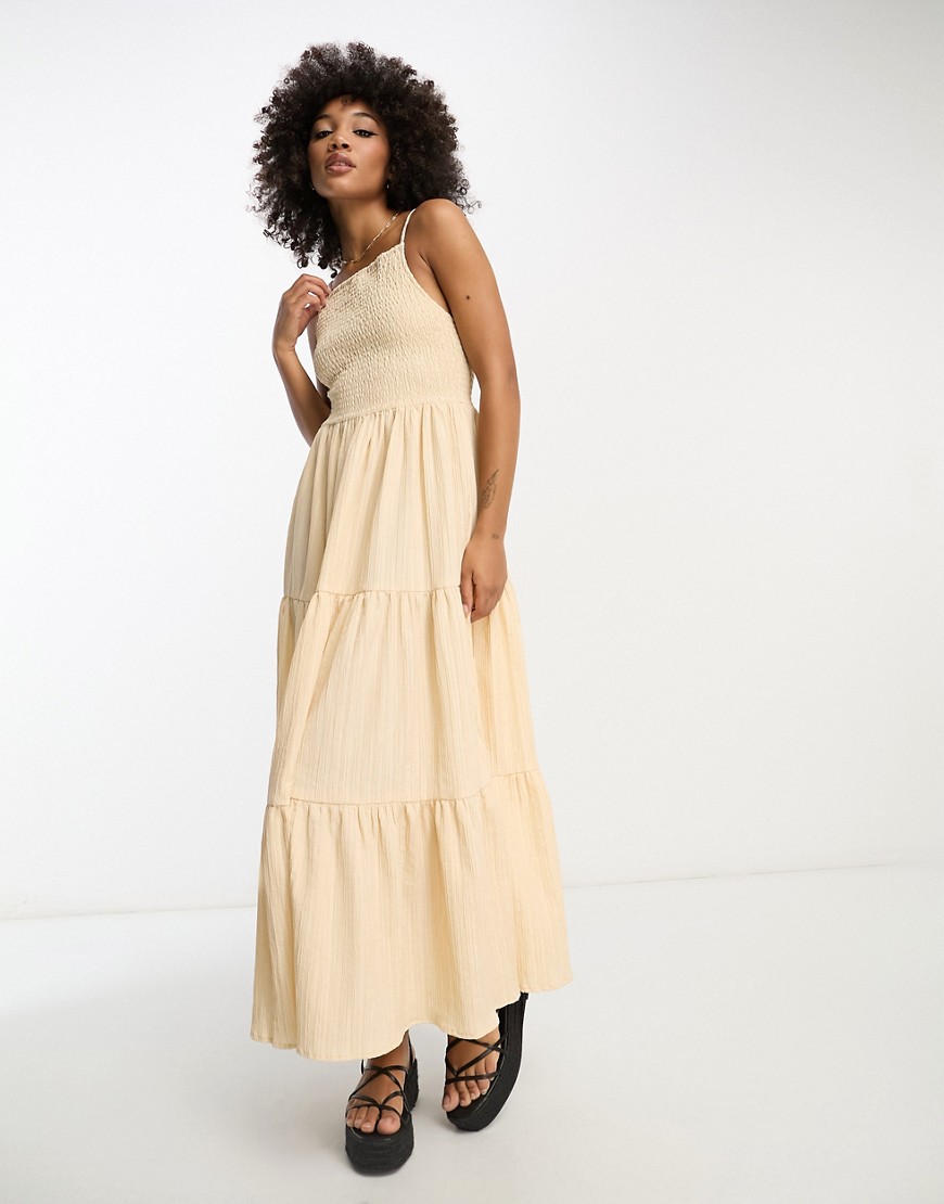 ASOS DESIGN square neck shirred maxi sundress in oatmeal-Neutral