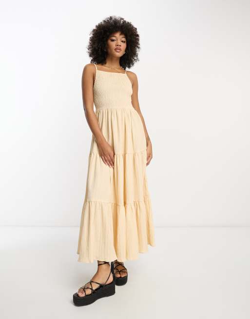 ASOS DESIGN square neck shirred maxi sundress in oatmeal | ASOS