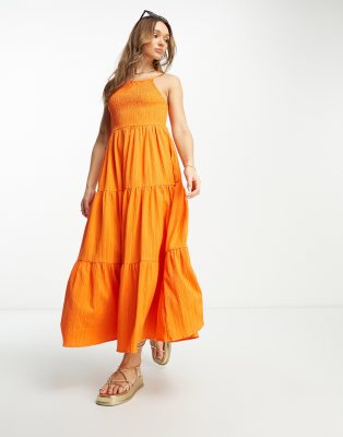 Asos Design Square Neck Shirred Maxi Sundress In Orange