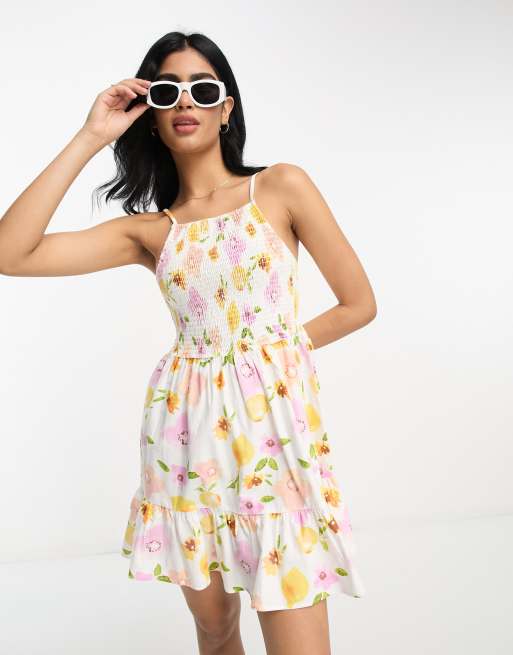 ASOS DESIGN square neck shirred mini sundress in floral fruit print