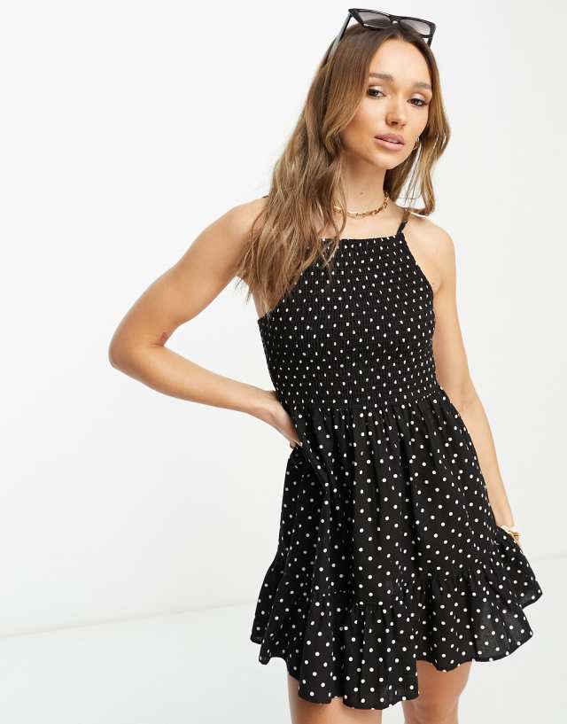 ASOS DESIGN square neck shirred mini sundress in mono dot print