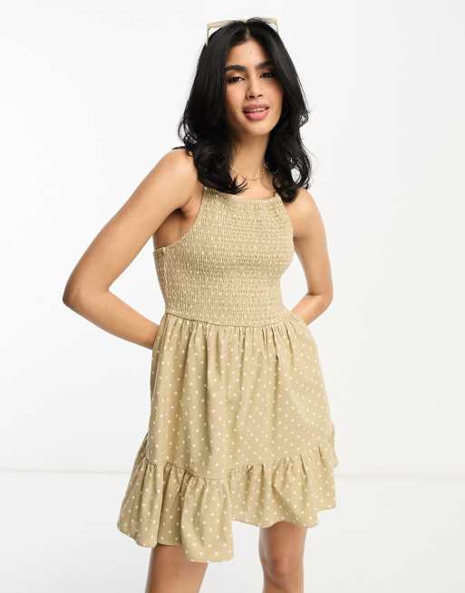 ASOS DESIGN square neck shirred mini sundress in neutral spot