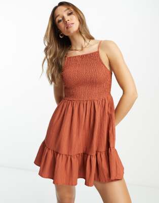 Asos Design Square Neck Shirred Mini Sundress In Rust In Red