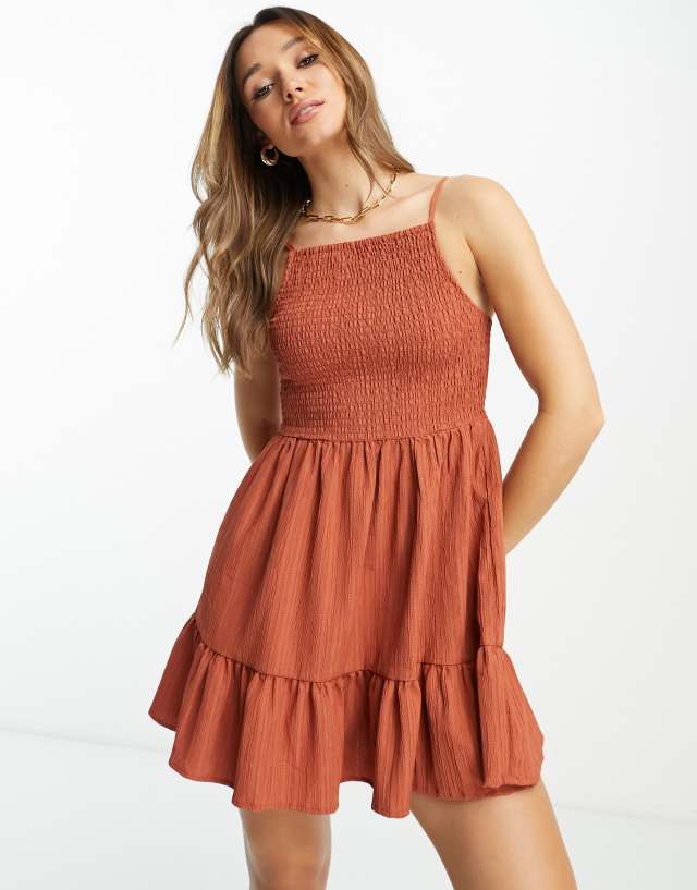 ASOS DESIGN square neck shirred mini sundress in rust