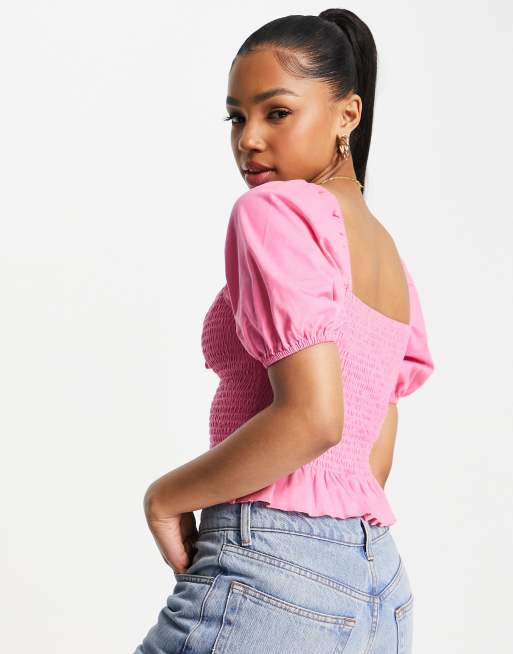 Baby Pink Cotton Shirred Tie Sleeve Crop Top