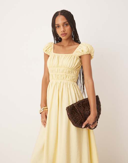 ASOS DESIGN square neck short sleeve midi dress with cinched channel waist in butter yellow