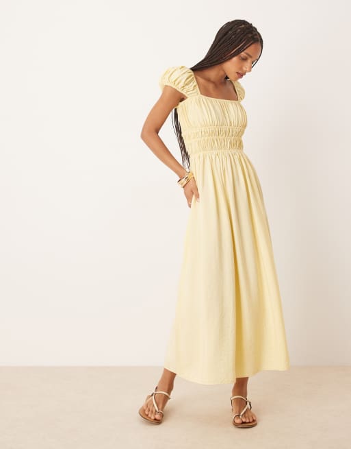 ASOS DESIGN square neck short sleeve midi dress with cinched channel waist in butter yellow