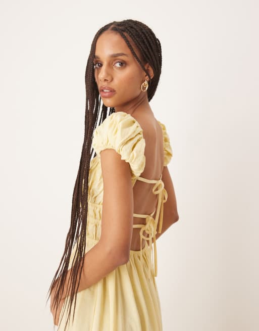 ASOS DESIGN square neck short sleeve midi dress with cinched channel waist in butter yellow