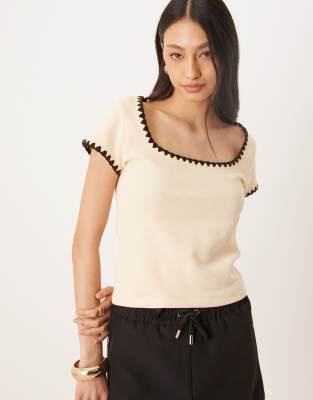 Asos Design Square Neck Short Sleeve Waffle Knit Top With Blanket Stitch In White