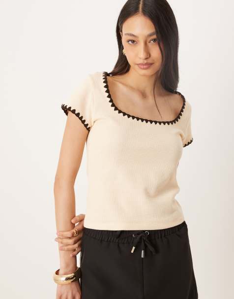 ASOS DESIGN square neck short sleeve waffle top with blanket stitch in cream - view 1