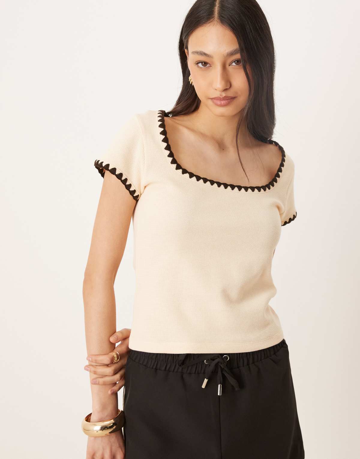 ASOS DESIGN square neck short sleeve waffle top with blanket stitch in cream