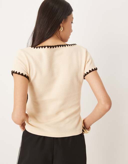 ASOS DESIGN square neck short sleeve waffle top with blanket stitch in cream, 2 of 4