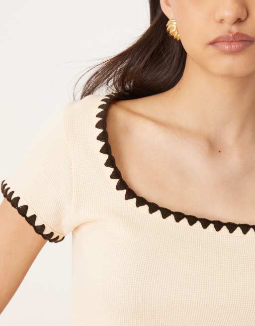 ASOS DESIGN square neck short sleeve waffle top with blanket stitch in cream, 3 of 4