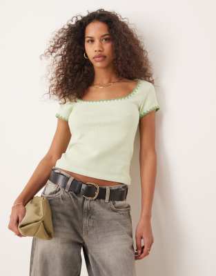 Asos Design Square Neck Short Sleeve Waffle Top With Blanket Stitch In Green