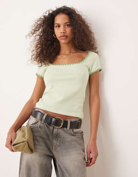ASOS DESIGN square neck short sleeve waffle top with blanket stitch in sage