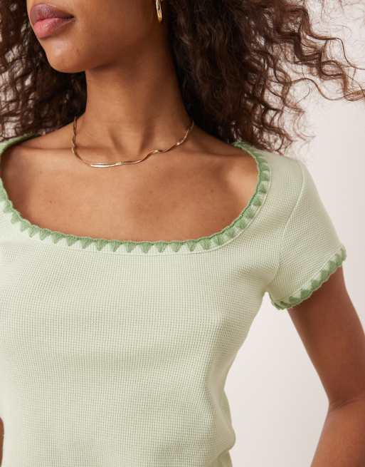 ASOS DESIGN square neck short sleeve waffle top with blanket stitch in sage