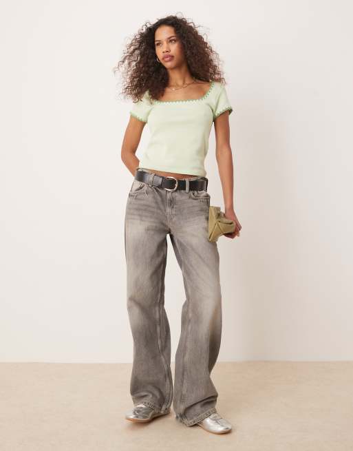 ASOS DESIGN square neck short sleeve waffle top with blanket stitch in sage