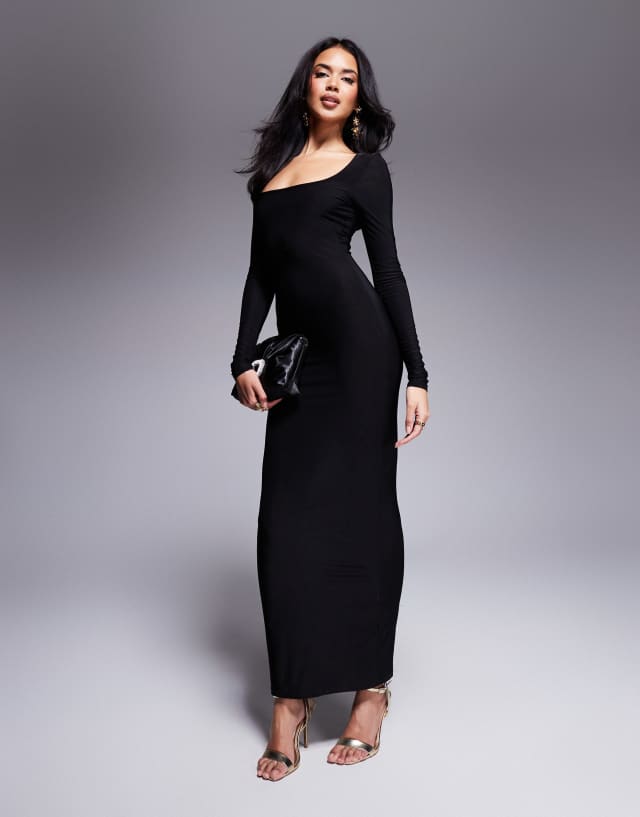 ASOS DESIGN square neck slinky maxi dress in black