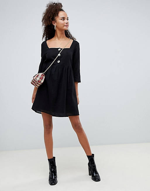 ASOS DESIGN square neck smock mini dress with buttons in grid texture