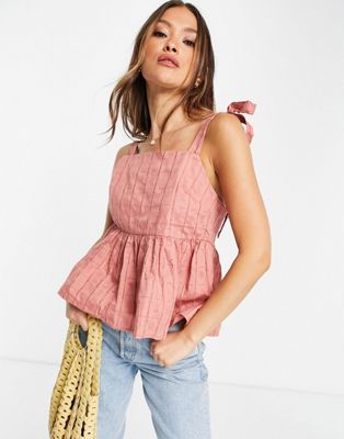 ASOS DESIGN square neck smock sun top with tie straps in textured grid in rose