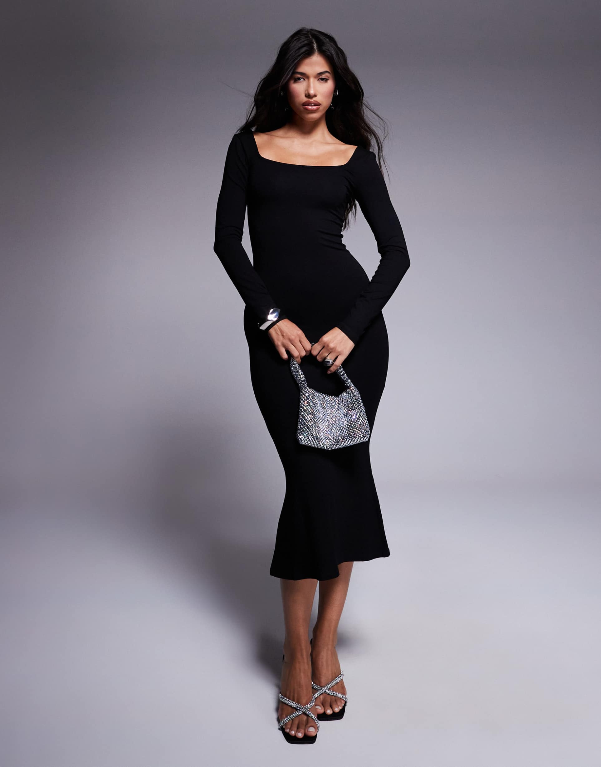 asos design square neck softline long sleeve midi dress in black