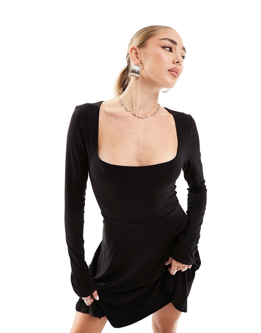ASOS DESIGN square neck softline long sleeve mini dress in black