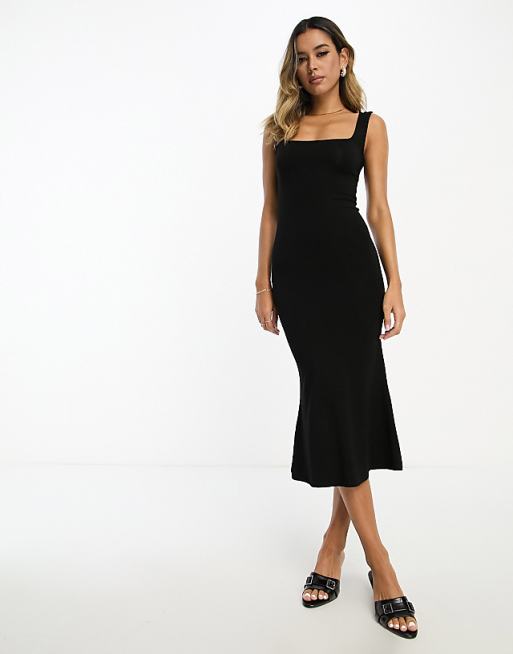 square neck black midi dress Chrissy | Velvet Square-Neck With Mesh-Sleeves And Ruched Detailing This garment fits true to size Knit Square-Neck Midi Dress |